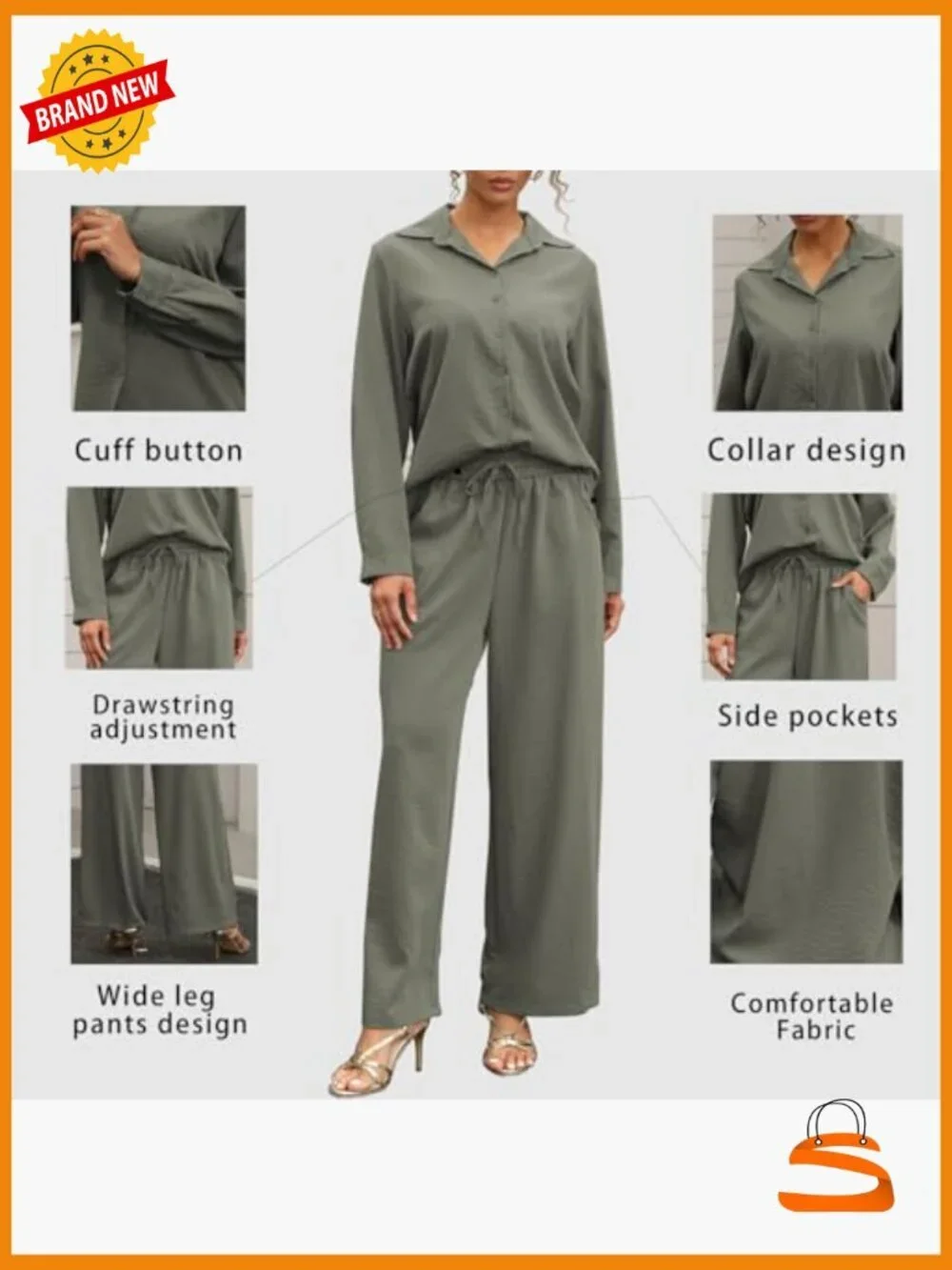 Women's Linen 2 Piece Lounge Set Button Down Shirt Wide Leg Pants Pockets